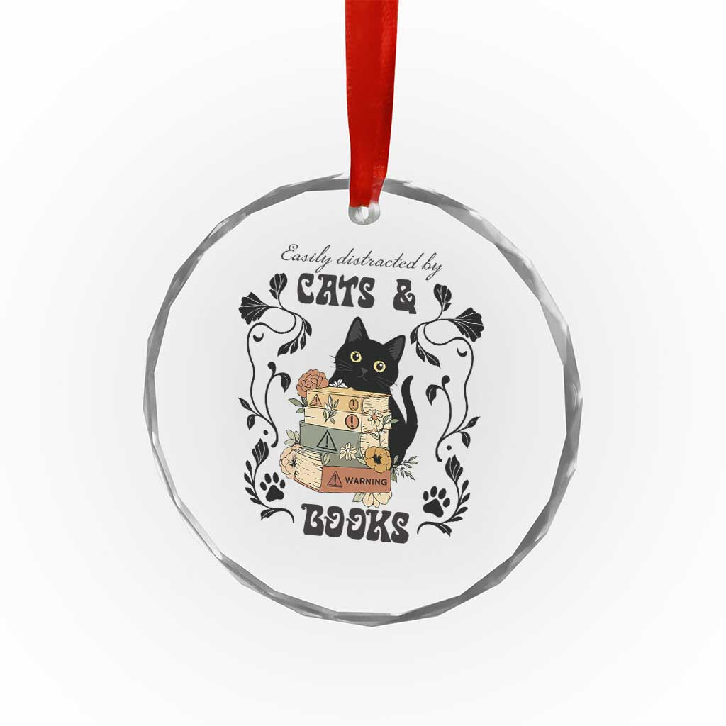 Easily Distracted By Cats And Books Crystal Glass Ornament Funny Book Kitty Lover TS12