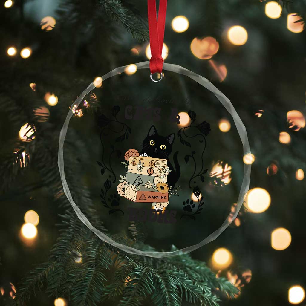 Easily Distracted By Cats And Books Crystal Glass Ornament Funny Book Kitty Lover TS12