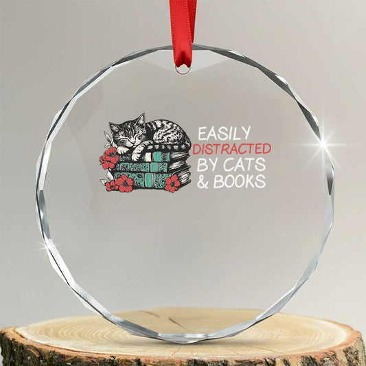Easily Distracted By Cats And Books Crystal Glass Ornament Funny Book Lover Gift TS12