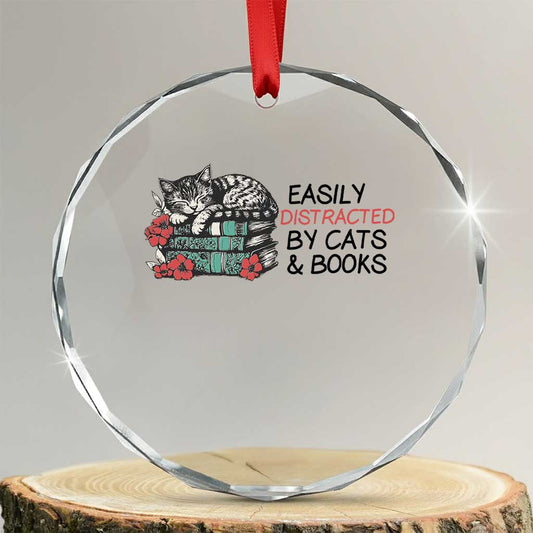 Easily Distracted By Cats And Books Crystal Glass Ornament Lazy Kitty Book Lover TS12
