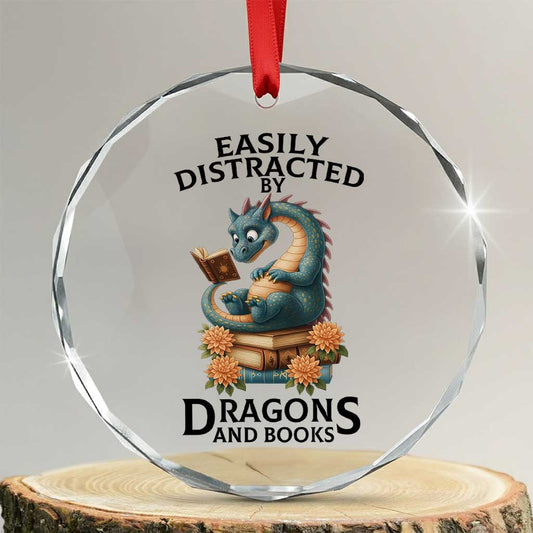 Easily Distracted By Dragon And Books Crystal Glass Ornament Cute Book Lover Gift TS12