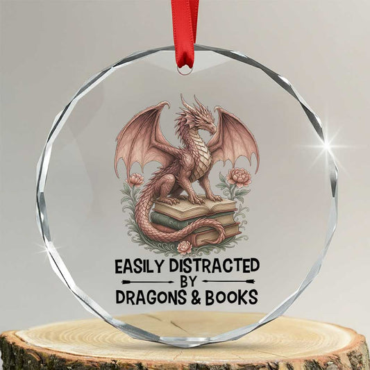 Easily Distracted By Dragon And Books Crystal Glass Ornament Funny Book Lover TS12