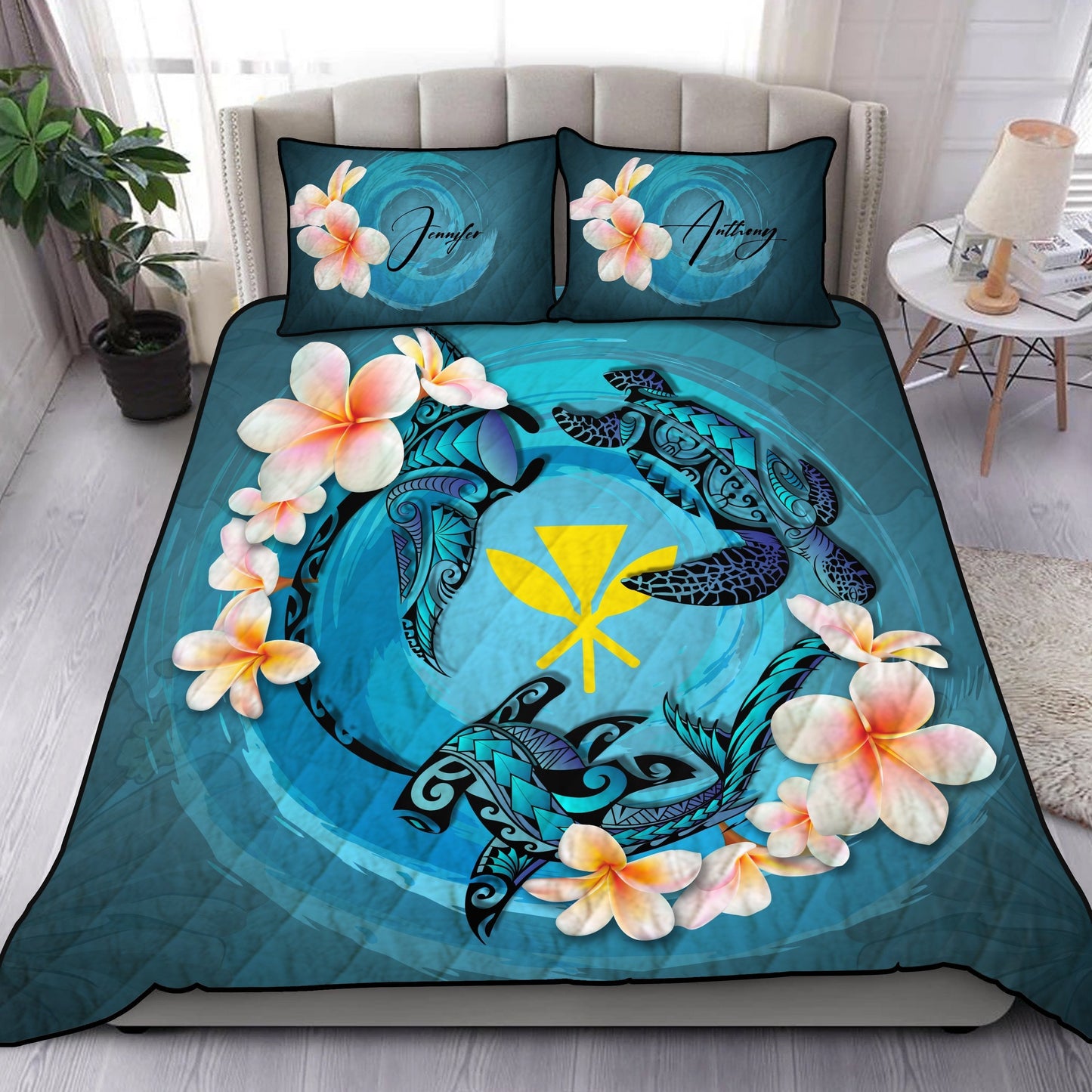 (Custom) Hawaii Quilt Bed Set - Blue Plumeria Animal Tattoo Personal Signature