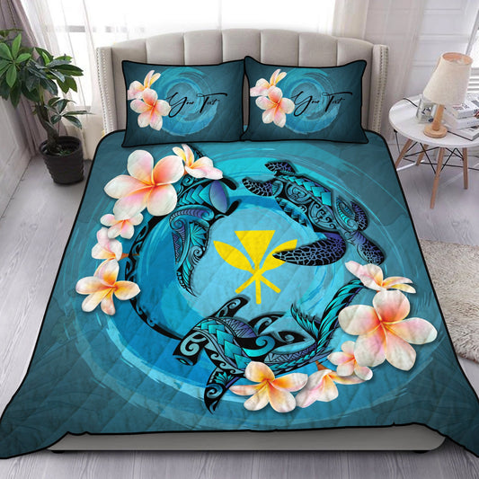(Custom) Hawaii Quilt Bed Set - Blue Plumeria Animal Tattoo Personal Signature