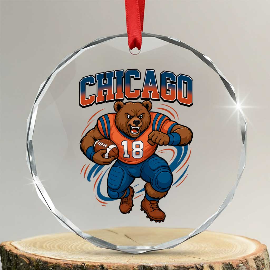 Fierce Football Bear Crystal Glass Ornament Chicago Fan Number 18 Bold Orange Game Day Spirit TS02