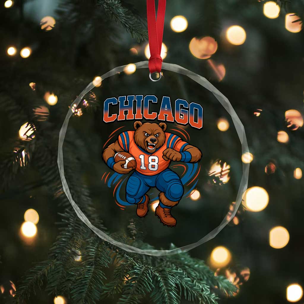 Fierce Football Bear Crystal Glass Ornament Chicago Fan Number 18 Bold Orange Game Day Spirit TS02