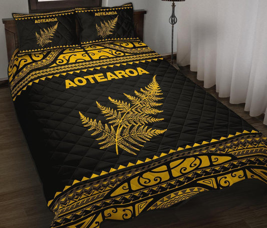 Aotearoa New Zealand Maori Quilt Bed Set Silver Fern Yellow