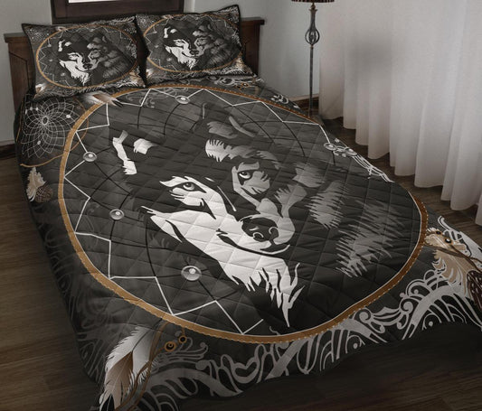 Black Wolf Dreamcatcher Native American Quilt Bed Set LT10