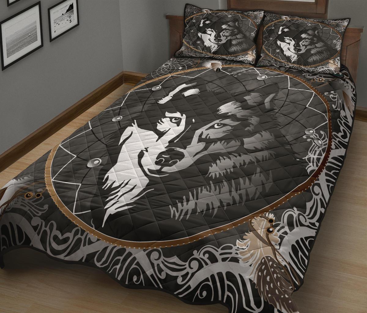 Black Wolf Dreamcatcher Native American Quilt Bed Set LT10