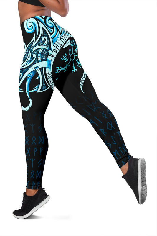 Viking Leggings, Fenrir Raven and Vegvisir Tattoo Cyan RLT12