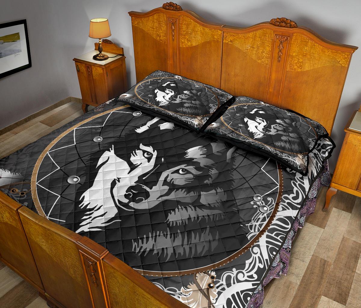 Black Wolf Dreamcatcher Native American Quilt Bed Set LT10
