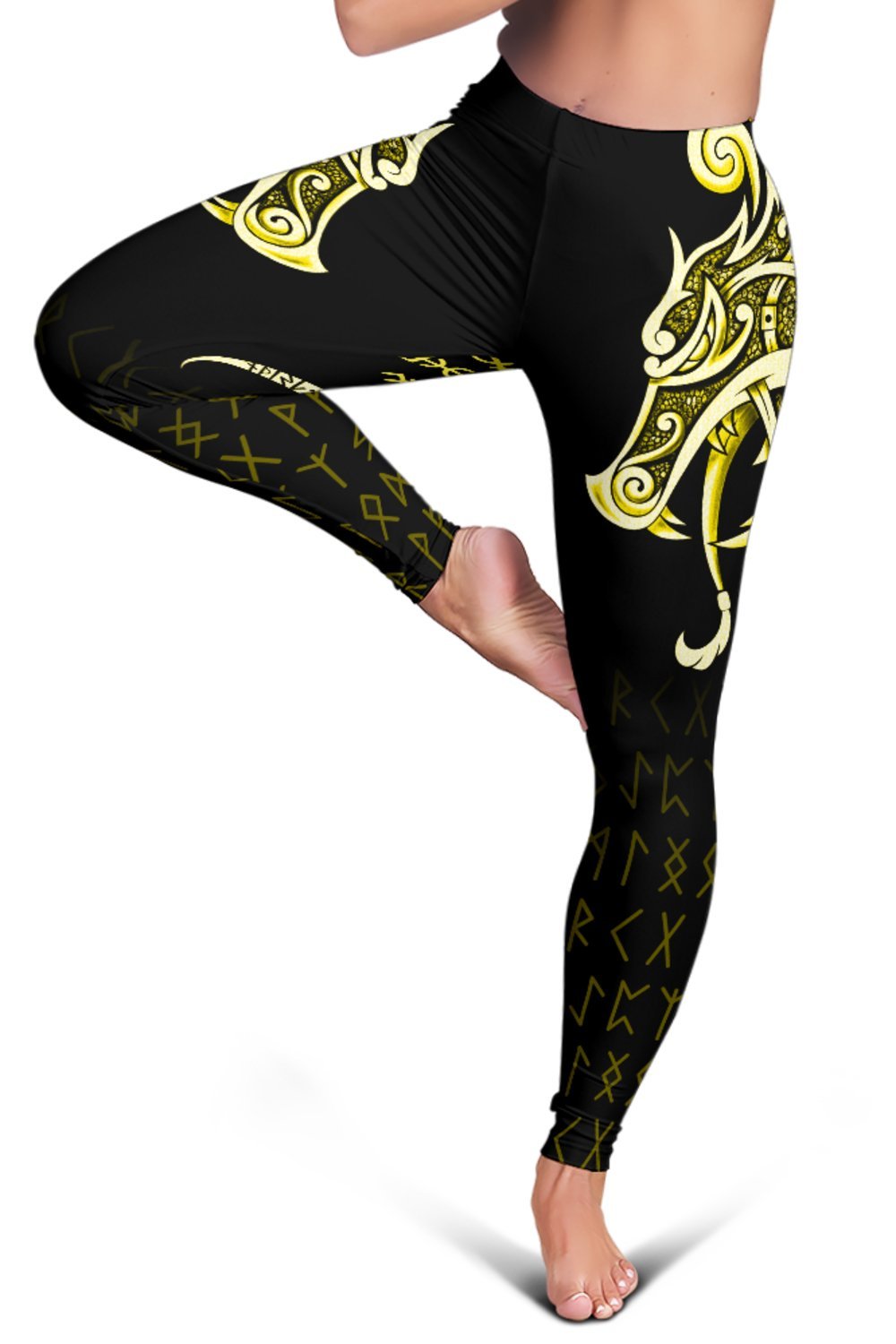Viking Leggings, Fenrir Raven and Vegvisir Tattoo Yellow RLT12