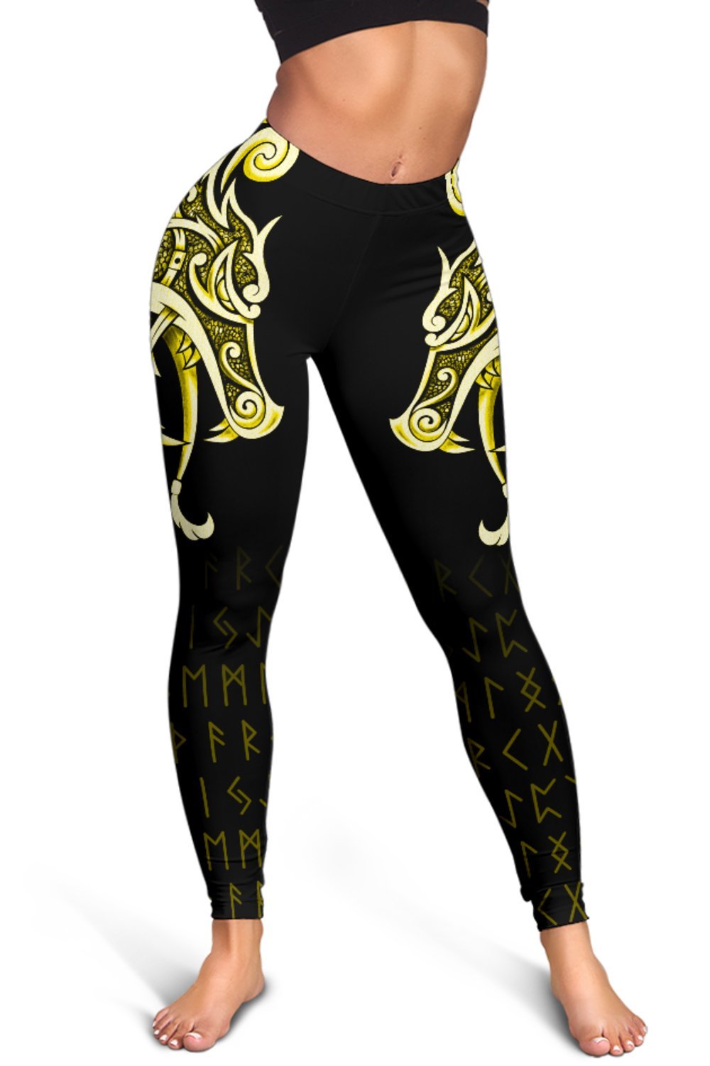 Viking Leggings, Fenrir Raven and Vegvisir Tattoo Yellow RLT12