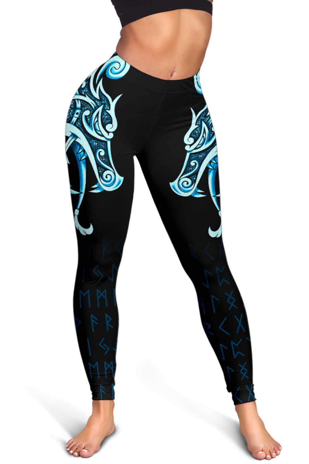 Viking Leggings, Fenrir Raven and Vegvisir Tattoo Cyan RLT12