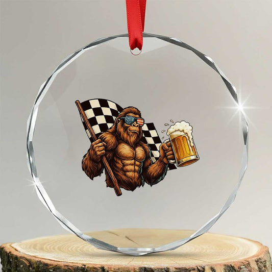 Funny Bigfoot Crystal Glass Ornament Sasquatch Drinking Beer Racing Car TS14