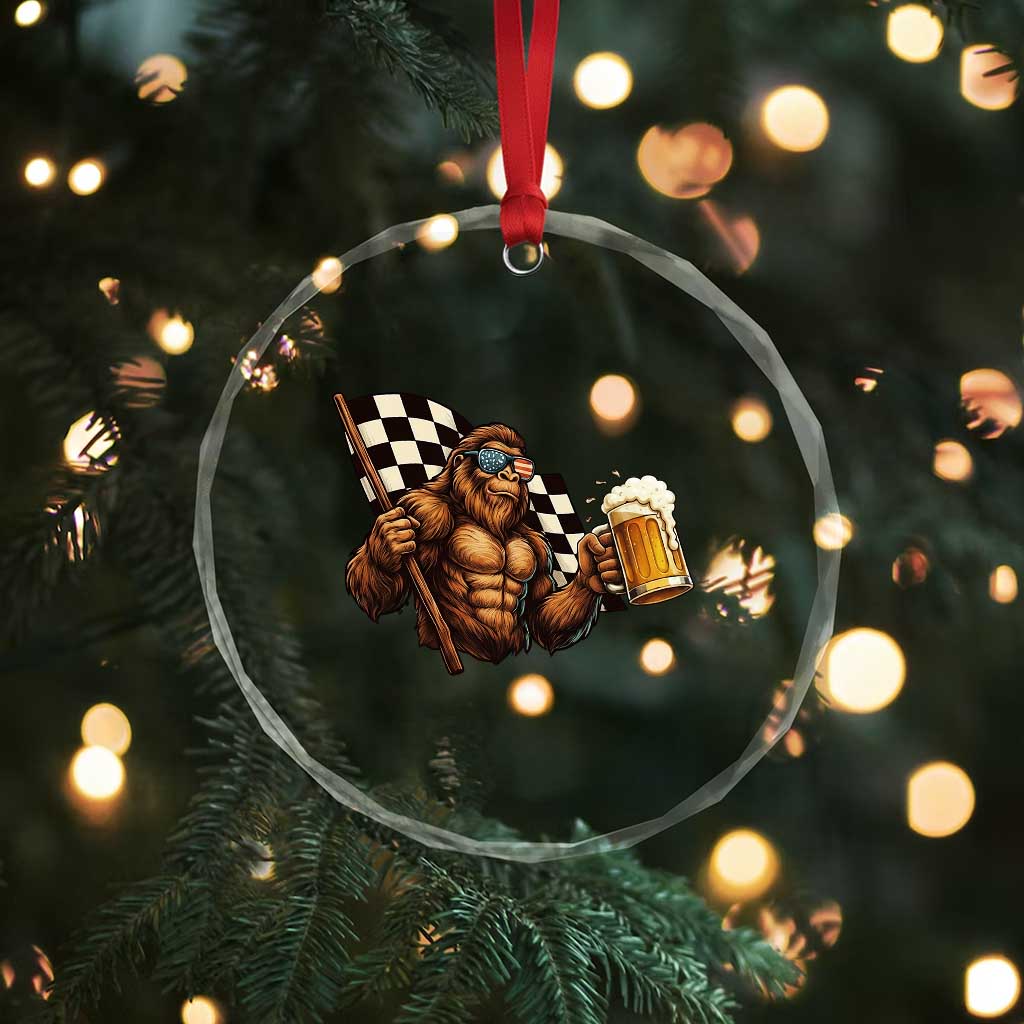 Funny Bigfoot Crystal Glass Ornament Sasquatch Drinking Beer Racing Car TS14