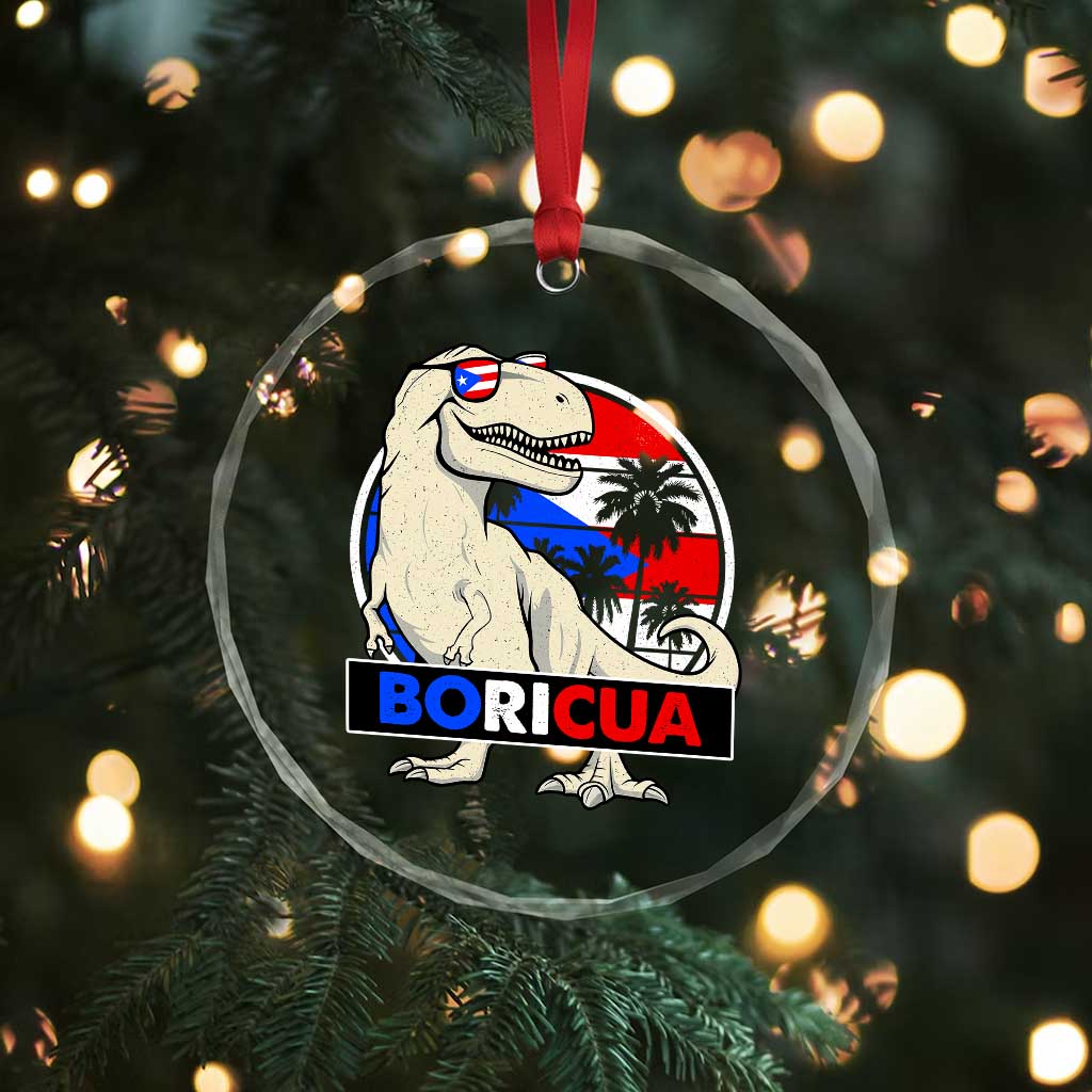 Funny Boricua Dinosaur Dino Puerto Rican Flag Hispanic Heritage Crystal Glass Ornament TS11