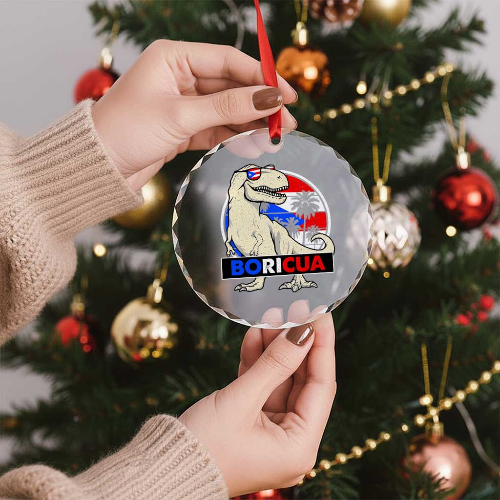 Funny Boricua Dinosaur Dino Puerto Rican Flag Hispanic Heritage Crystal Glass Ornament TS11