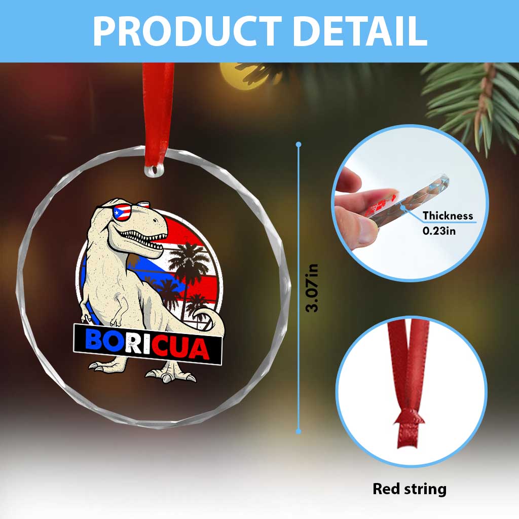 Funny Boricua Dinosaur Dino Puerto Rican Flag Hispanic Heritage Crystal Glass Ornament TS11