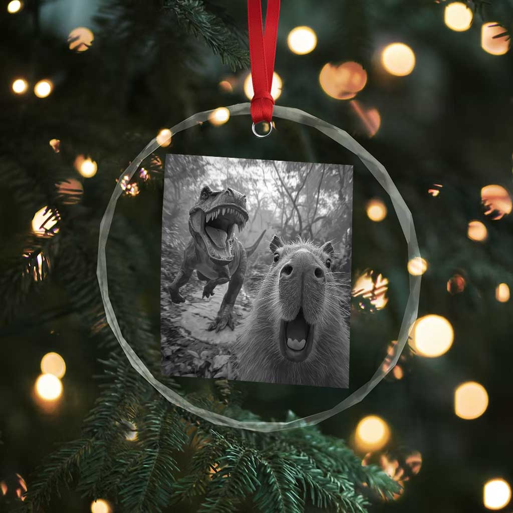 Funny Capybara Selfie With Dinosaur Meme Crystal Glass Ornament Animal Humor Gift TS12