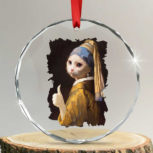 Funny Cat With A Pearl Earring Parody Art Crystal Glass Ornament TS12