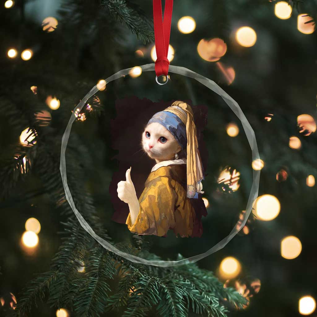 Funny Cat With A Pearl Earring Parody Art Crystal Glass Ornament TS12