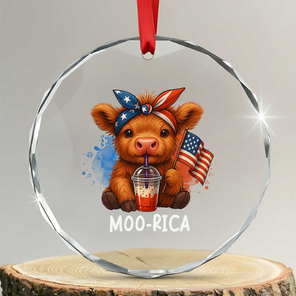 Funny Highland Cow Patriotic Crystal Glass Ornament Moo Rica USA Flag Cow Farmer TS12