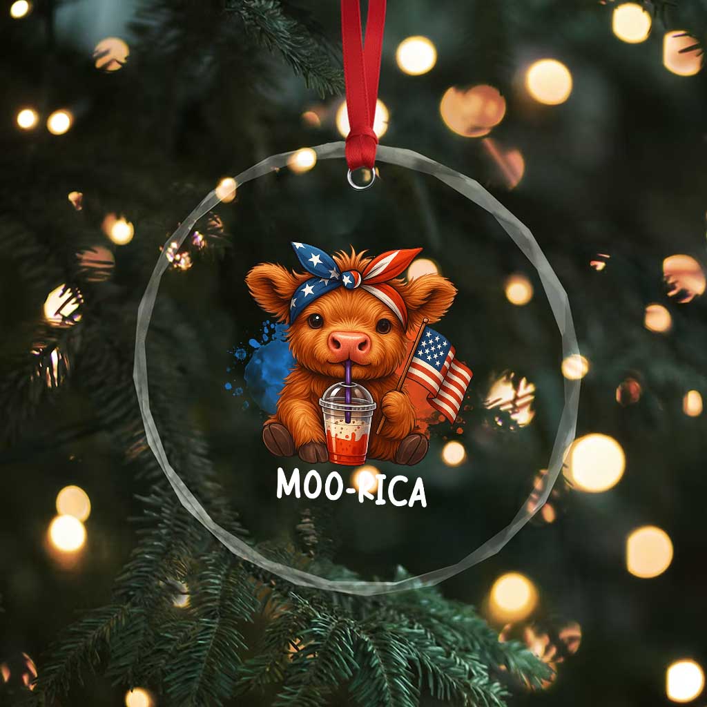 Funny Highland Cow Patriotic Crystal Glass Ornament Moo Rica USA Flag Cow Farmer TS12