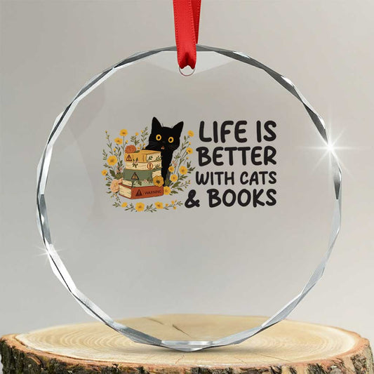 Life Is Better With Cats And Books Crystal Glass Ornament Funny Black Cat Book Lover TS12