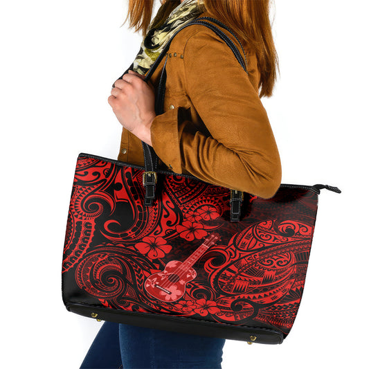 Hawaii Ukulele Leather Tote Bag Polynesian Pattern Red Version LT01