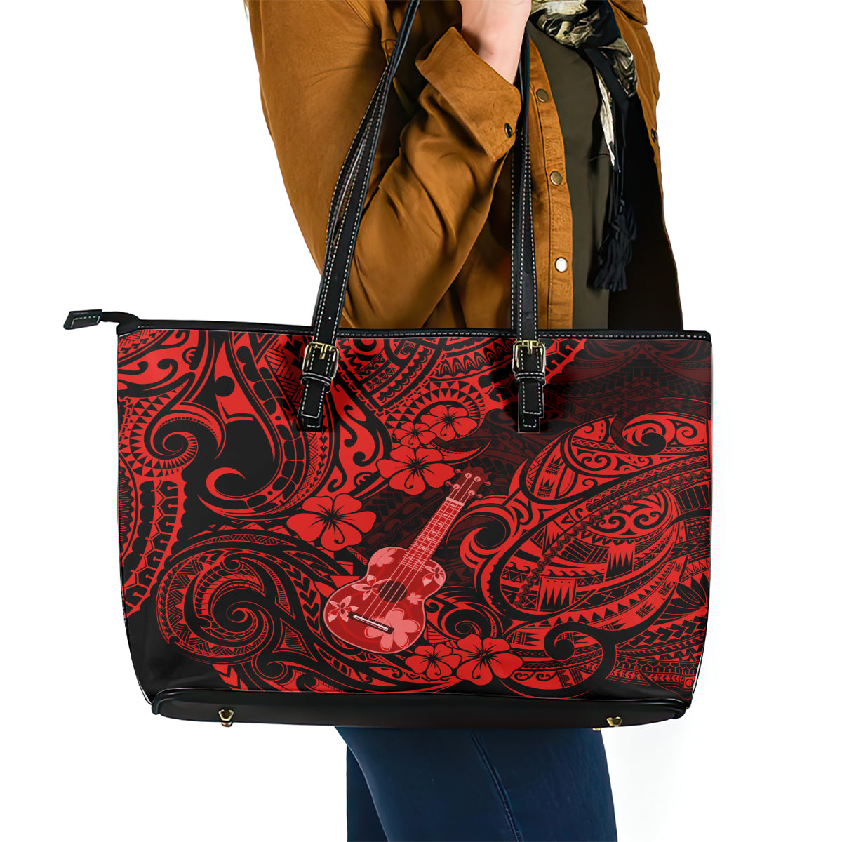 Hawaii Ukulele Leather Tote Bag Polynesian Pattern Red Version LT01