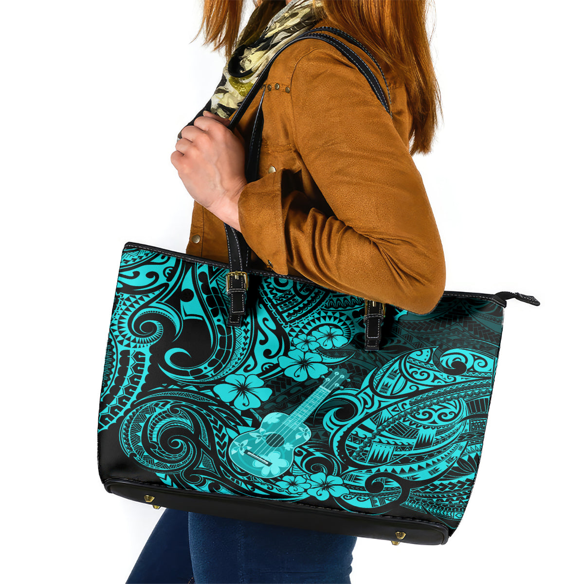 Hawaii Ukulele Leather Tote Bag Polynesian Pattern Turquoise Version LT01