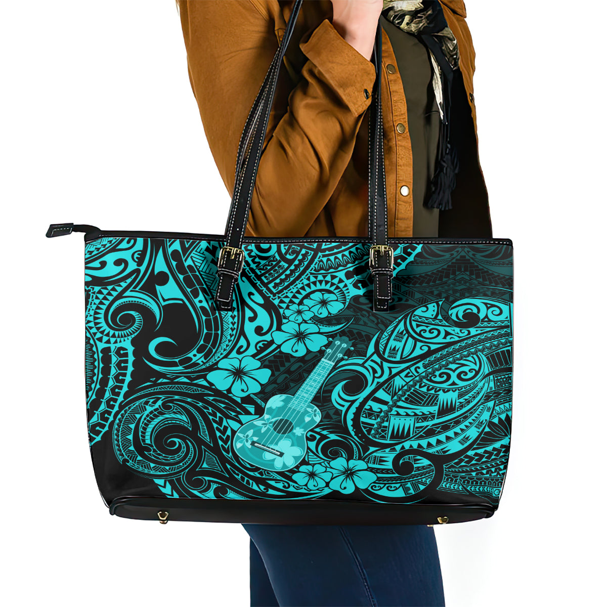 Hawaii Ukulele Leather Tote Bag Polynesian Pattern Turquoise Version LT01