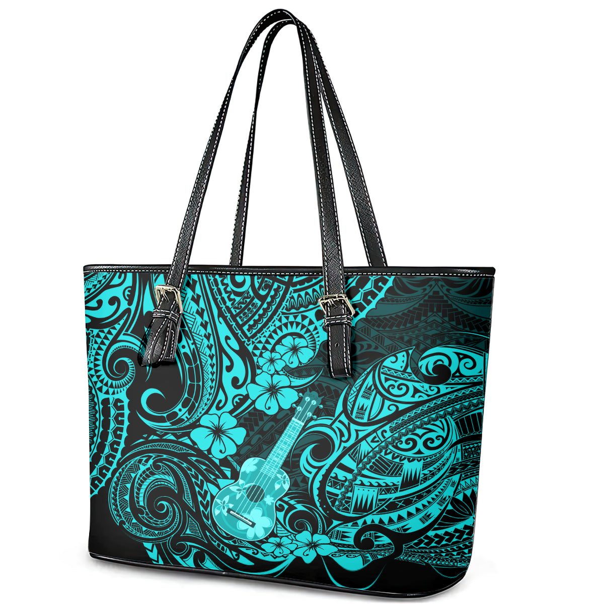 Hawaii Ukulele Leather Tote Bag Polynesian Pattern Turquoise Version LT01