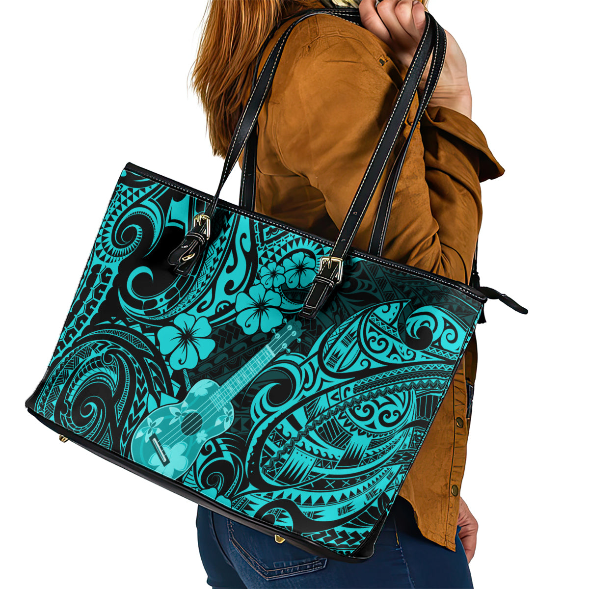 Hawaii Ukulele Leather Tote Bag Polynesian Pattern Turquoise Version LT01