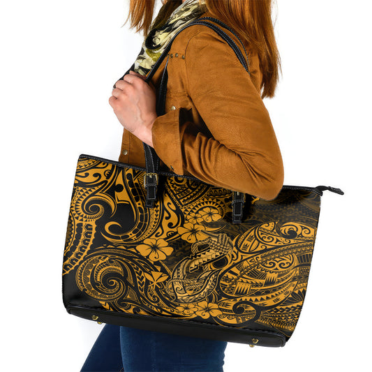 Hawaii Fish Hook Leather Tote Bag Polynesian Pattern Gold Version LT01