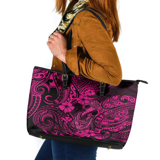 Hawaii Fish Hook Leather Tote Bag Hibiscus Hawaii Tribal Tattoo Pink Version LT01