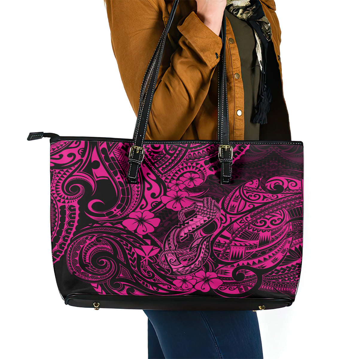 Hawaii Fish Hook Leather Tote Bag Hibiscus Hawaii Tribal Tattoo Pink Version LT01