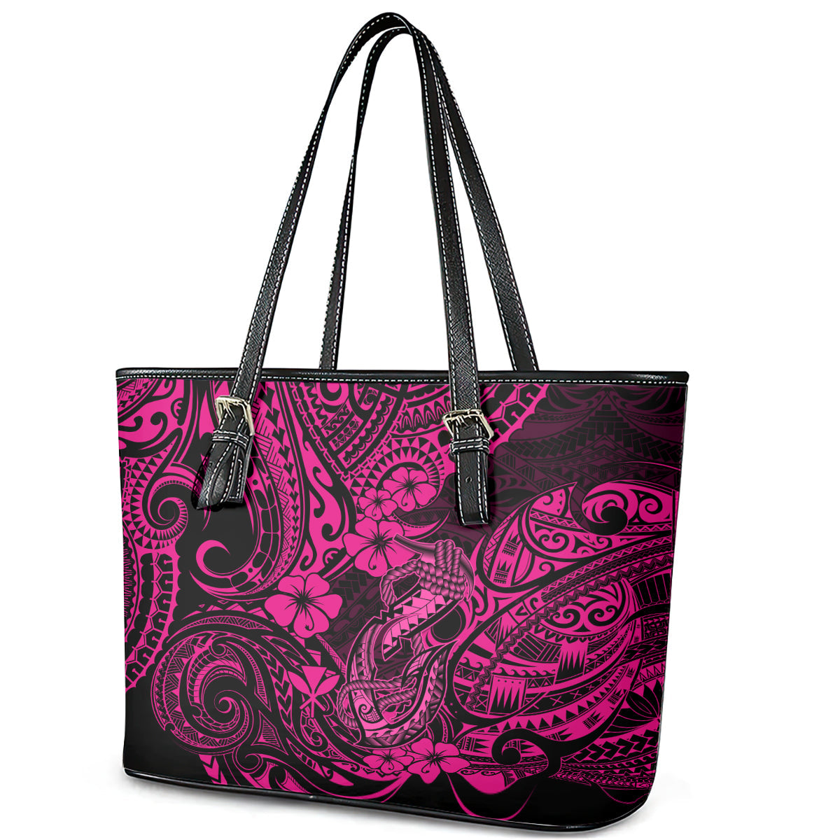 Hawaii Fish Hook Leather Tote Bag Hibiscus Hawaii Tribal Tattoo Pink Version LT01