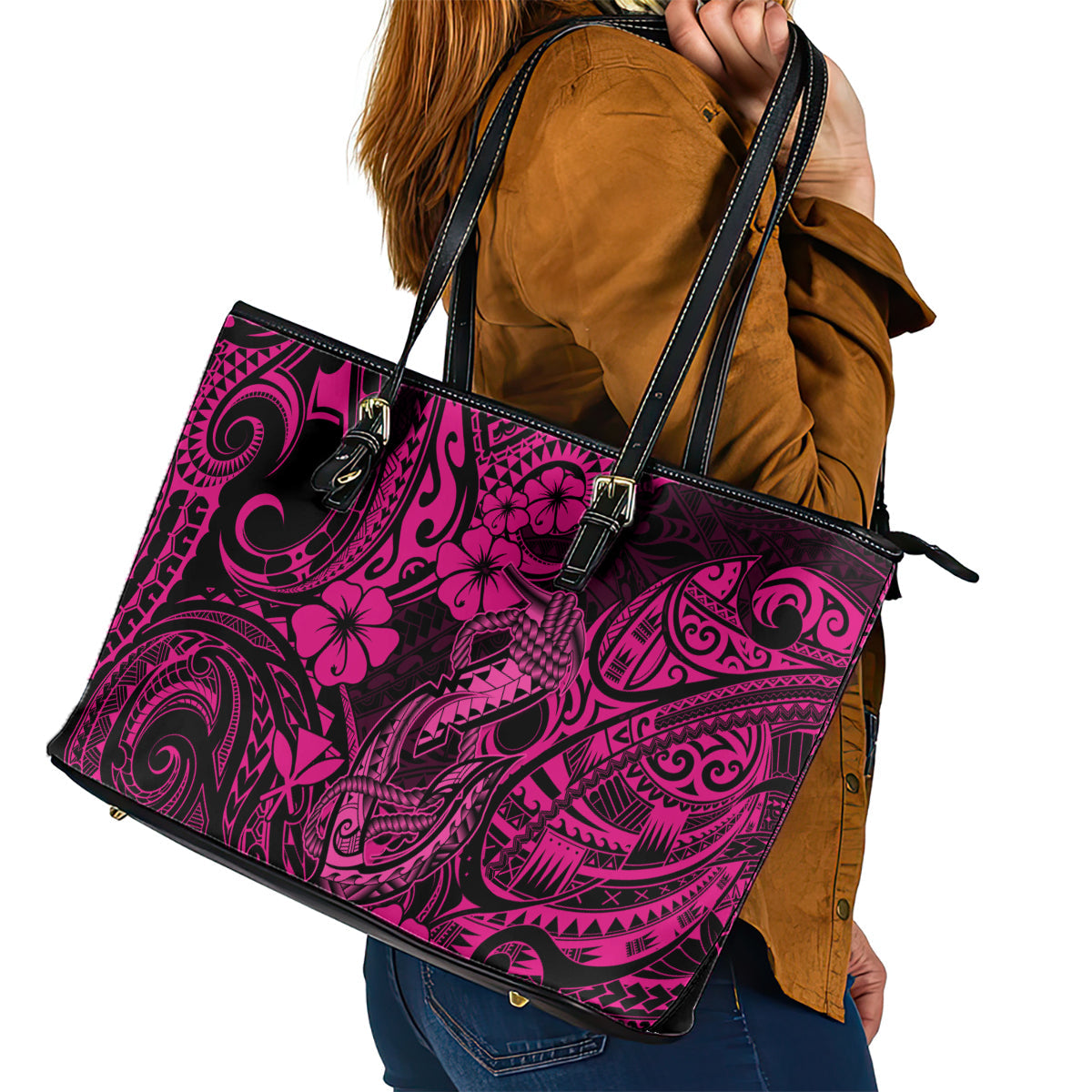 Hawaii Fish Hook Leather Tote Bag Hibiscus Hawaii Tribal Tattoo Pink Version LT01