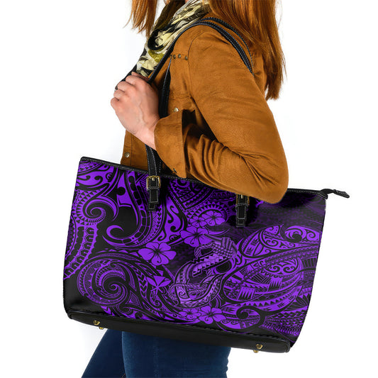 Hawaii Fish Hook Leather Tote Bag Hibiscus Hawaii Tribal Tattoo Purple Version LT01