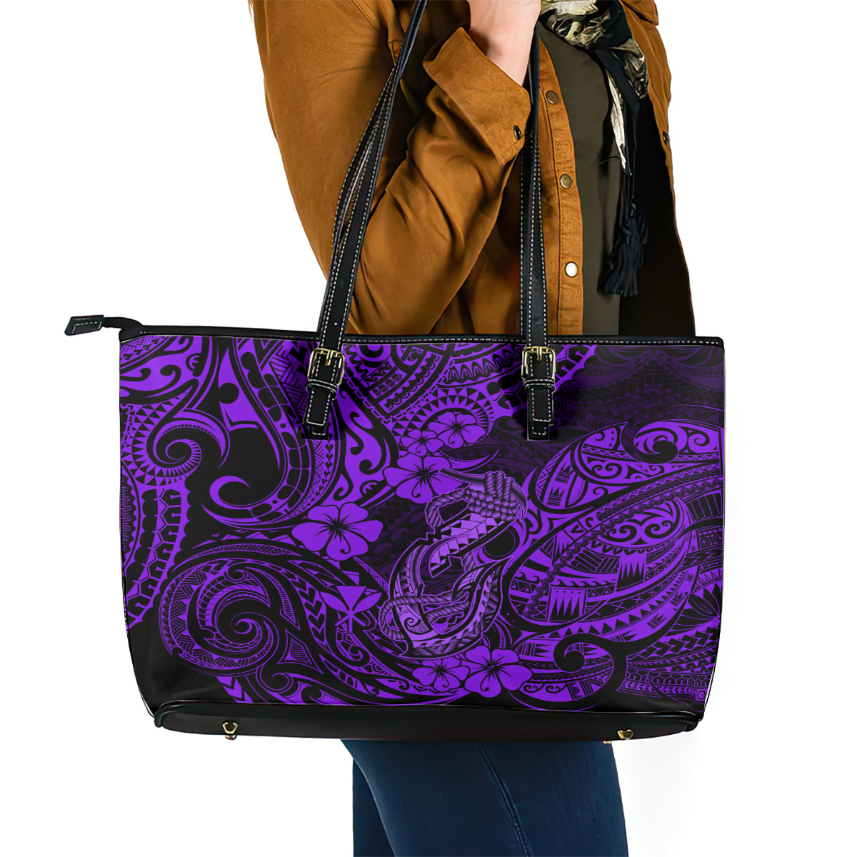 Hawaii Fish Hook Leather Tote Bag Hibiscus Hawaii Tribal Tattoo Purple Version LT01