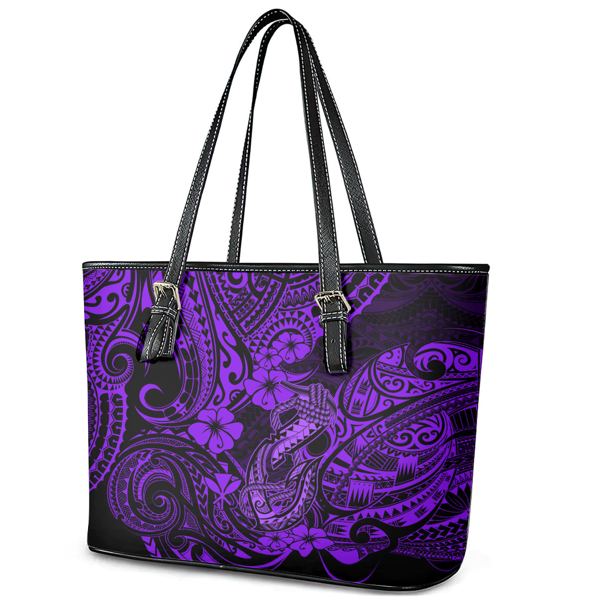 Hawaii Fish Hook Leather Tote Bag Hibiscus Hawaii Tribal Tattoo Purple Version LT01