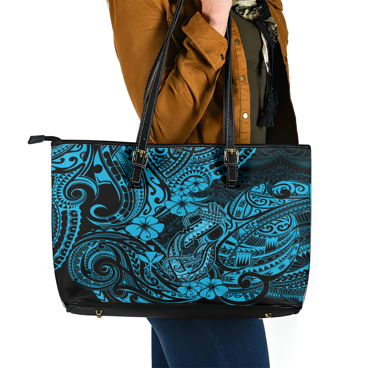 Hawaii Fish Hook Leather Tote Bag Hibiscus Hawaii Tribal Tattoo Sky Blue Version LT01
