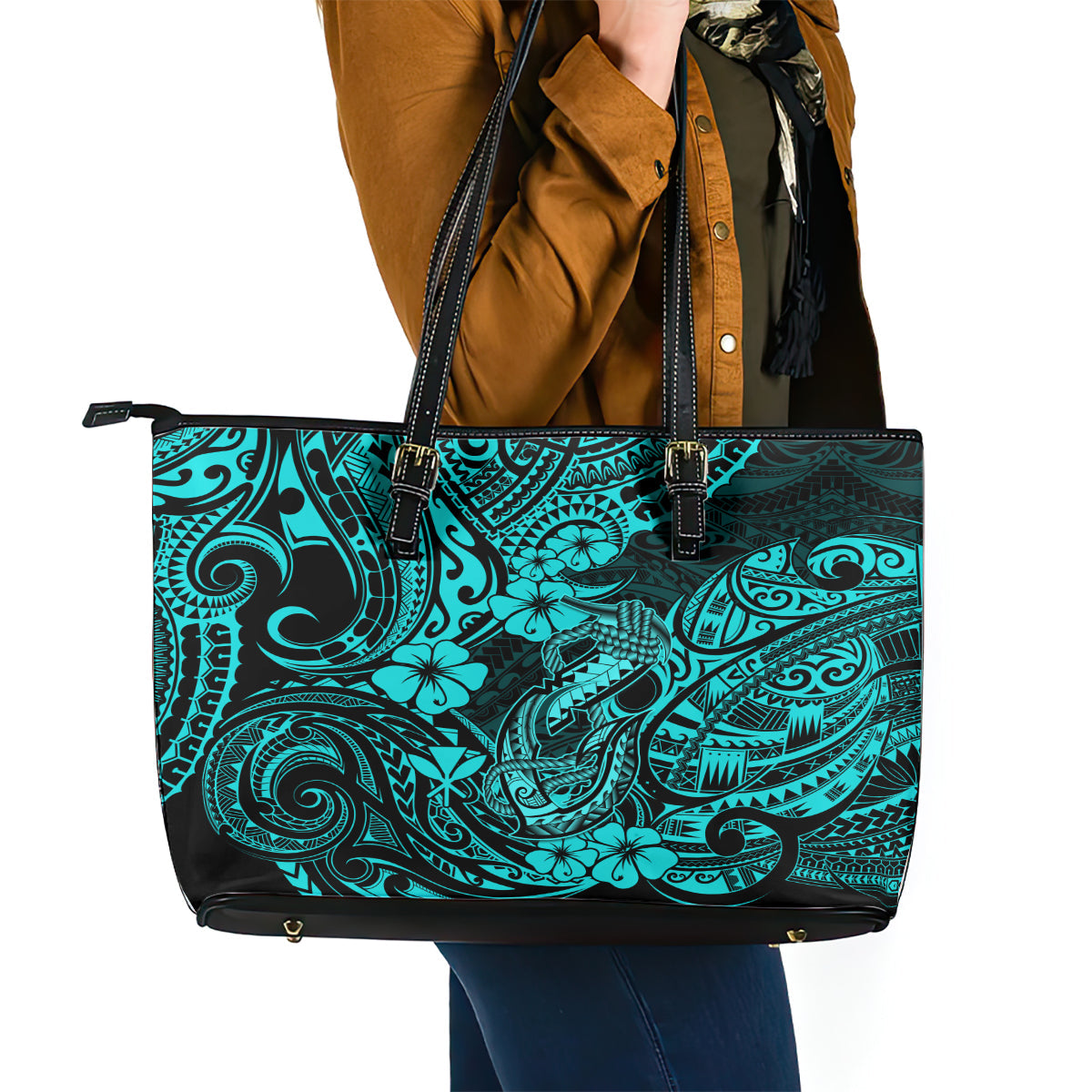Hawaii Fish Hook Leather Tote Bag Hibiscus Hawaii Tribal Tattoo Turquoise Version LT01