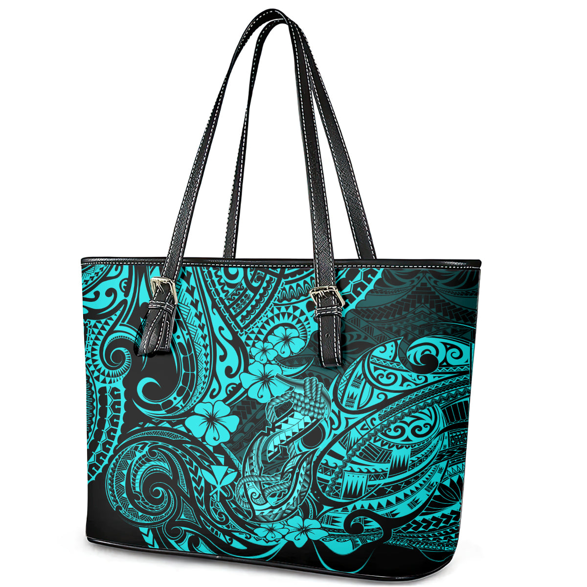 Hawaii Fish Hook Leather Tote Bag Hibiscus Hawaii Tribal Tattoo Turquoise Version LT01