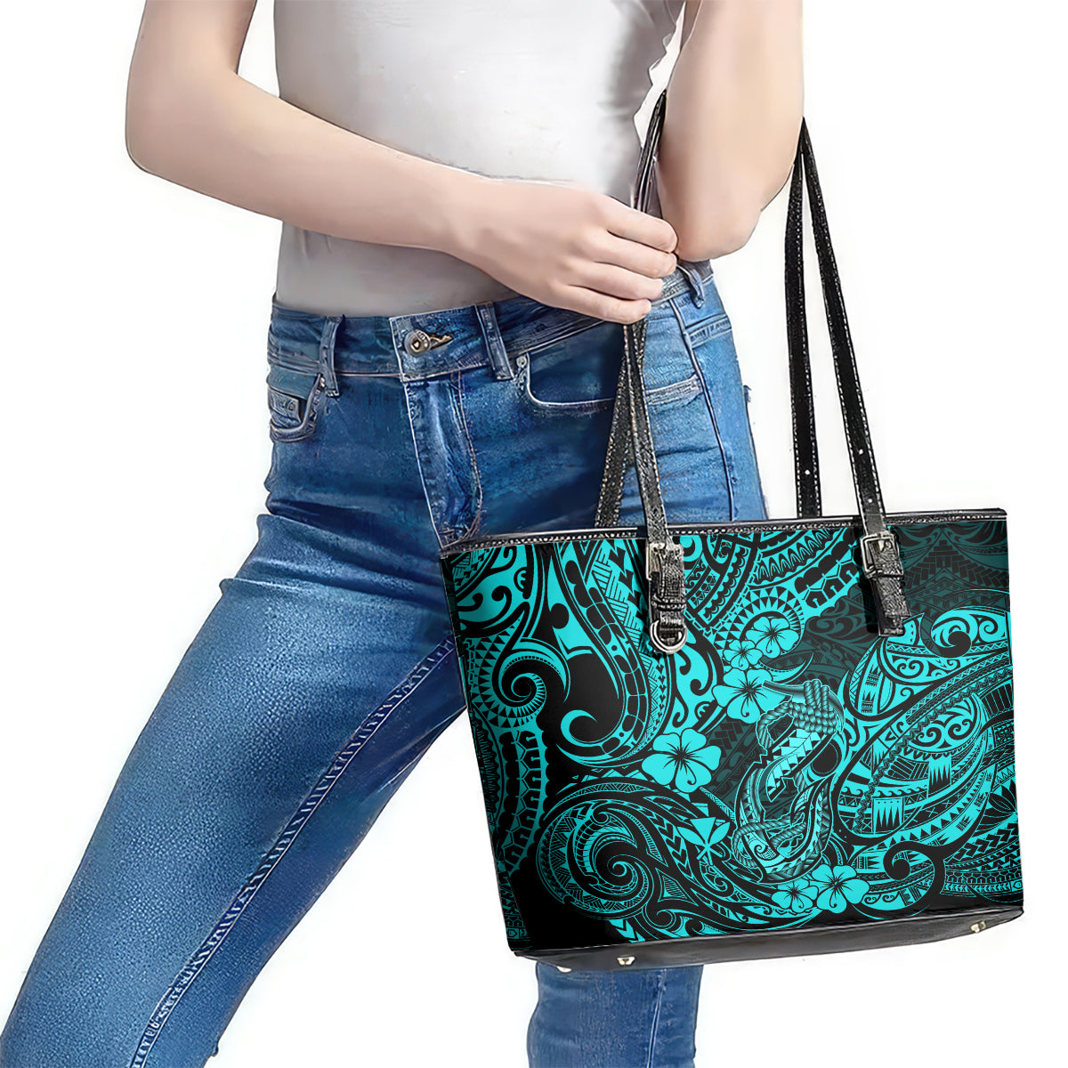 Hawaii Fish Hook Leather Tote Bag Hibiscus Hawaii Tribal Tattoo Turquoise Version LT01