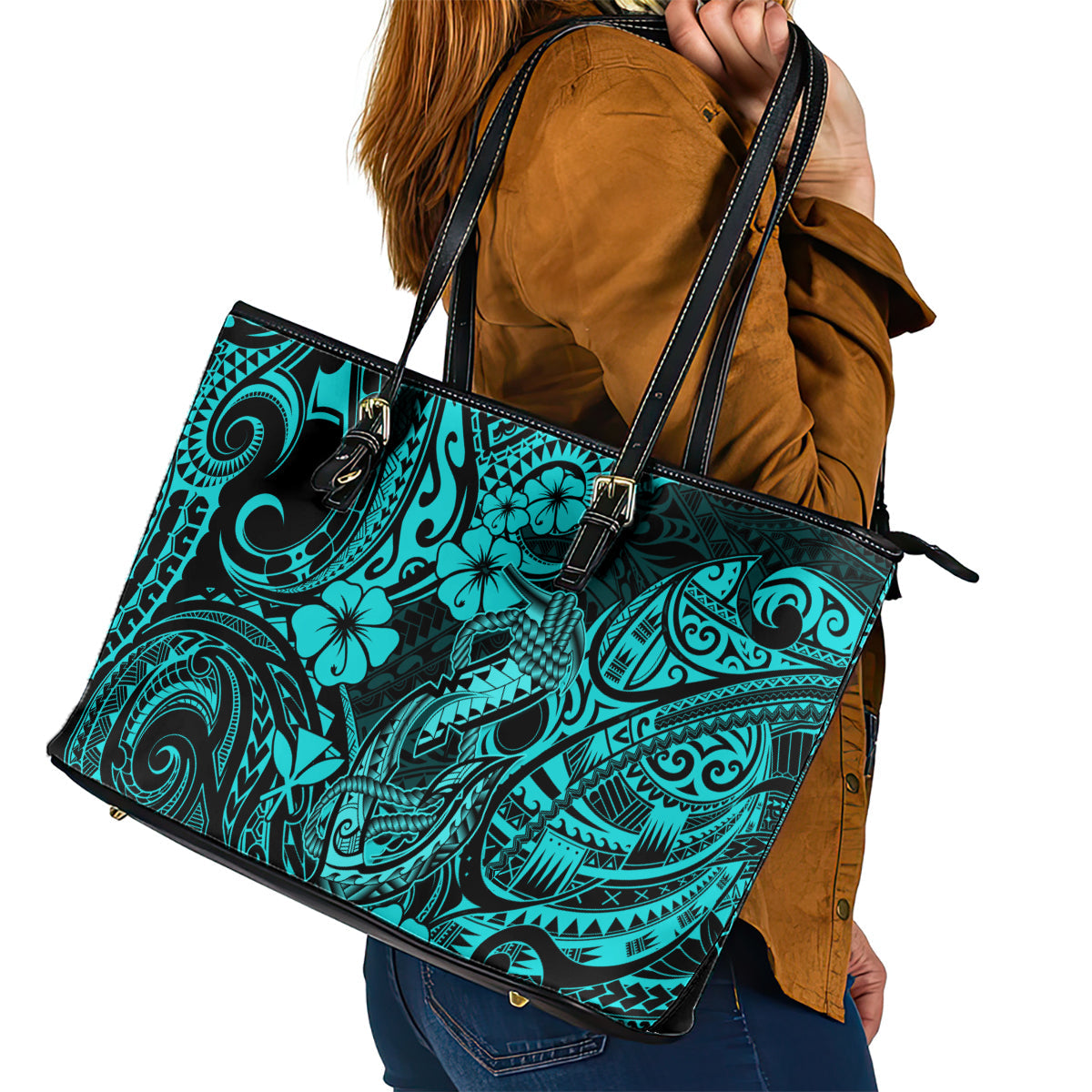 Hawaii Fish Hook Leather Tote Bag Hibiscus Hawaii Tribal Tattoo Turquoise Version LT01