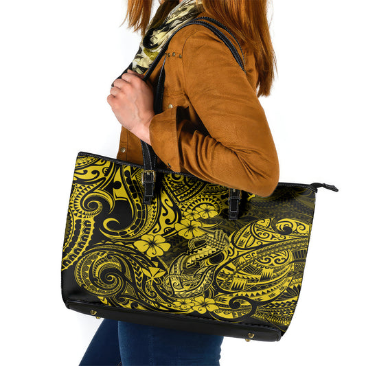 Hawaii Fish Hook Leather Tote Bag Hibiscus Hawaii Tribal Tattoo Yellow Version LT01