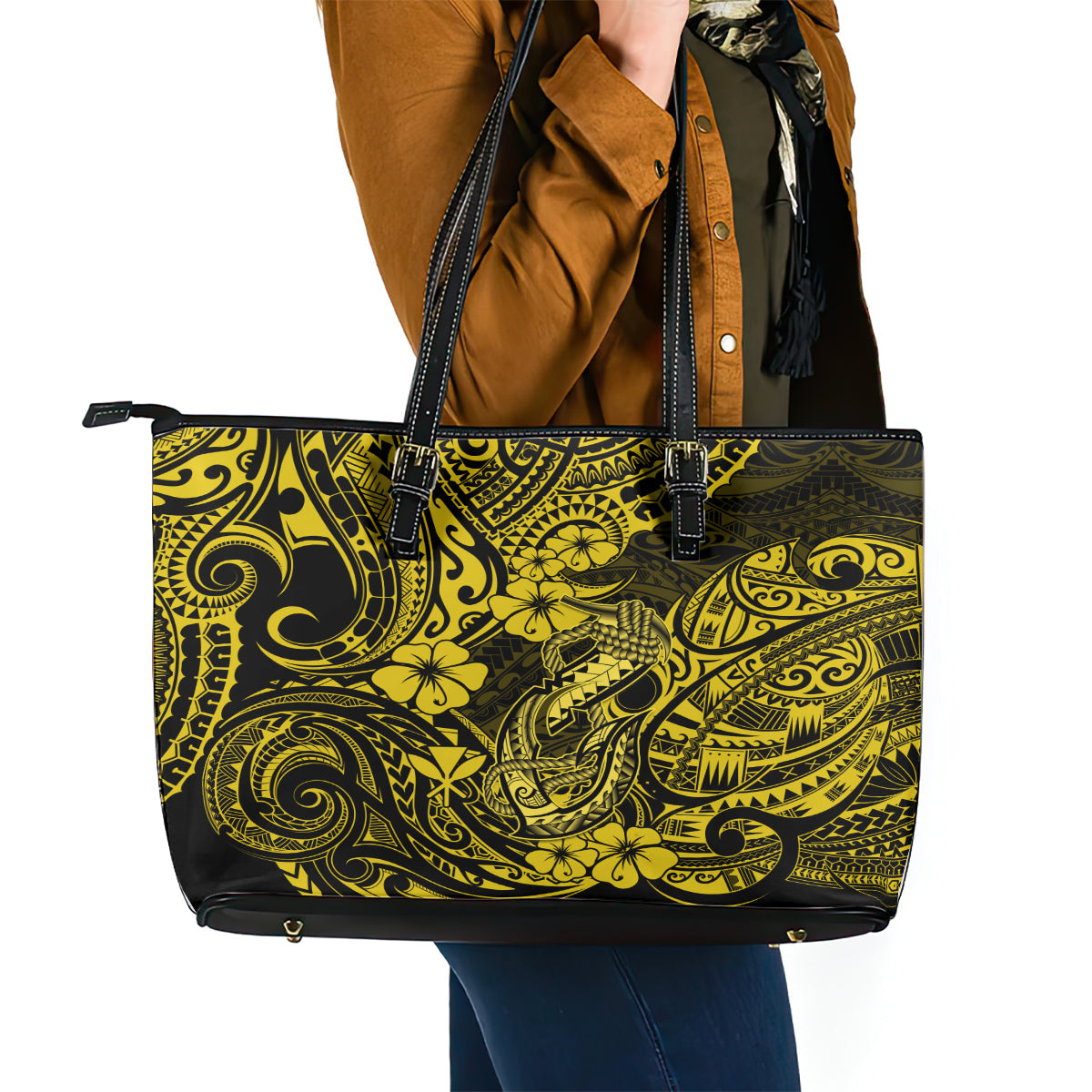 Hawaii Fish Hook Leather Tote Bag Hibiscus Hawaii Tribal Tattoo Yellow Version LT01